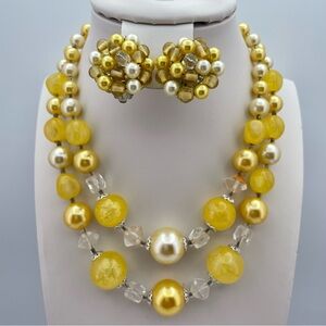 Vintage Japan Gold & Ivory Beaded Necklace & Cluster Clip Earring Set
